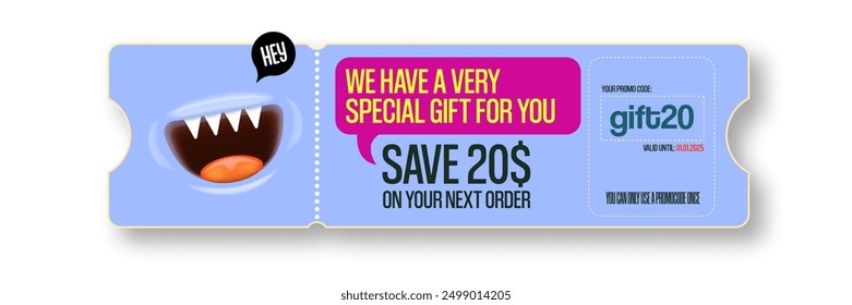 Vector Gift Voucher with Coupon Code And Cute Funny Monster Character. Kawaii Design with Happy Face Emoji. Discount Offer Graphic with Promo Code for restourant and cafe.