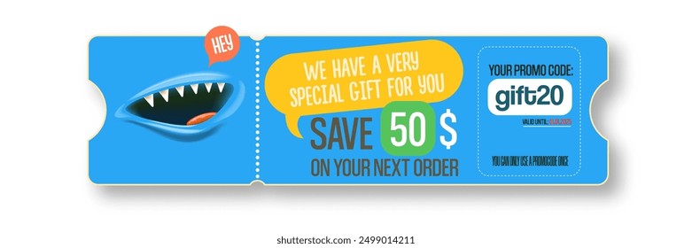 Vector Gift Voucher with Coupon Code And Cute Funny Monster Character. Kawaii Design with Happy Face Emoji. Discount Offer Graphic with Promo Code for restourant and cafe.