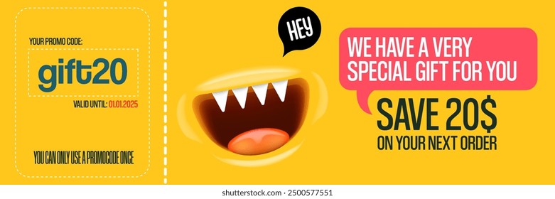 Vector Gift Voucher with Coupon Code And Cute Funny Monster Character. Kawaii Design with Happy Face Emoji. Discount Offer Graphic with Promo Code for restaurant and cafe.