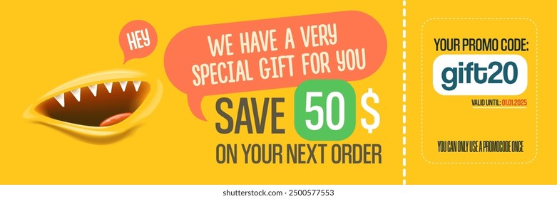 Vector Gift Voucher with Coupon Code And Cute Funny Monster Character. Kawaii Design with Happy Face Emoji. Discount Offer Graphic with Promo Code for restaurant and cafe.