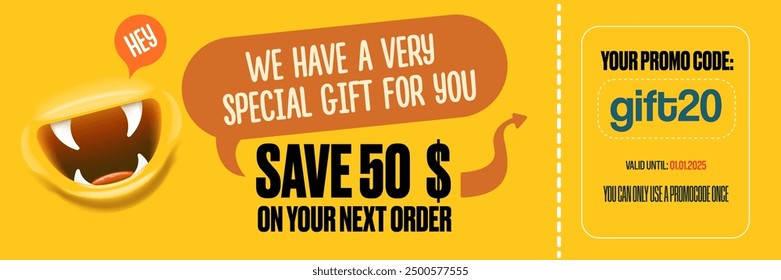 Voucher de regalo de Vector con código de Cupón y lindo personaje divertido monstruo. Diseño kawaii con emoji de cara feliz. Gráfico de la oferta del descuento con el código promocional para el restaurante y la cafetería.