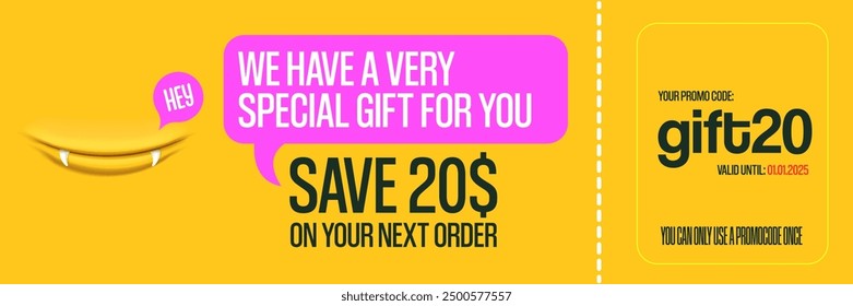 Vector Gift Voucher with Coupon Code And Cute Funny Monster Character. Kawaii Design with Happy Face Emoji. Discount Offer Graphic with Promo Code for restaurant and cafe.