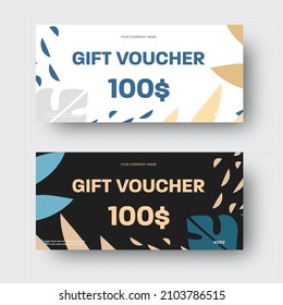 Vector de regalo, cobertura de descuento, certificado con elementos abstractos, ramitas tropicales desnudas, color azul. Tarjeta de felicitación con ilustración exótica, hojas de monstera, palma, EPS10. Establecer