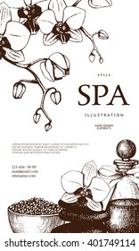 Vector Gift voucher design with hand drawn spa illustration. Spa sketch background with vintage orchids flowers. Gift voucher template  for beauty salon.