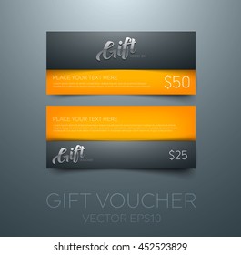 Vector gift voucher design template. Glossy 3d typography.