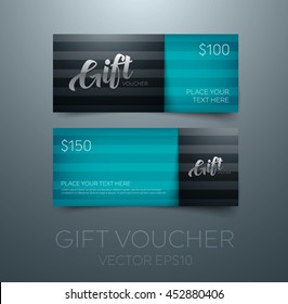 Vector gift voucher design template. Glossy 3d typography. Subtle stripes.