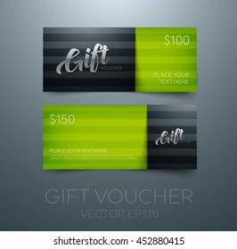 Vector gift voucher design template. Glossy 3d typography. Subtle stripes.
