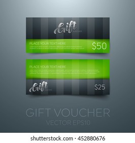 Vector gift voucher design template. Glossy 3d typography. Subtle stripes.