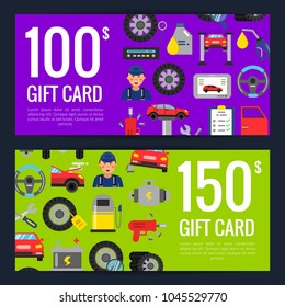 Vector gift voucher or discount card template with flat style car service elements and part for auto illustration