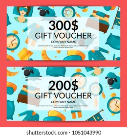 Vector gift voucher or discount card template of set with cartoon sleep elements illustration