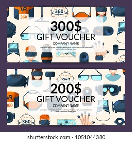 Vector gift voucher or discount card template with flat style virtual reality elements illustration