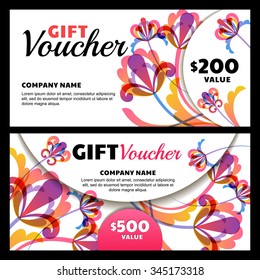 Vector gift voucher with exotic flowers. Business card template. Abstract background for gift card. Concept for flyer, banner, birthday card, beauty salon, spa, natural organic cosmetics, floral shop.