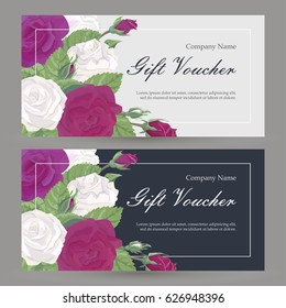 Vector gift voucher floral pattern with flowers. Bordeaux and red roses with leaves and buds. Concept boutique, jewelry, flower shop, beauty salon, spa, fashion, for flyer, banner, business card