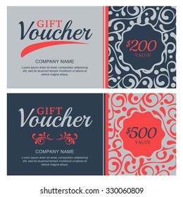 Vector gift voucher with flourish ornament background. Decorative business card template. Floral design concept for boutique, beauty salon, spa, fashion, flyer, invitation.