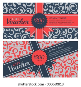 Vector gift voucher with flourish ornament background and ribbon. Decorative business card template. Floral design concept for boutique, beauty salon, spa, fashion, flyer, invitation.