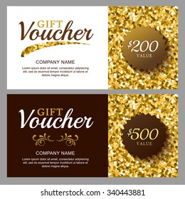 Vector gift voucher with golden sparkling pattern. Business card template. Abstract luxury glow background. Concept for boutique, fashion shop, accessorize, jewelry, flyer, banner design.