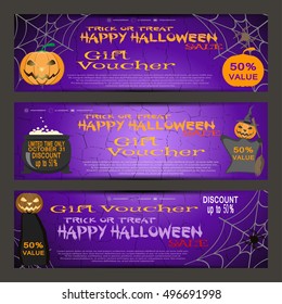 Vector gift voucher to a Halloween sale on the gradient lilac background with cracked texture.