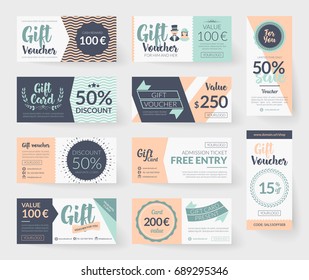 Vector gift voucher illustrations. Vintage style design, romantic color palette, resources and elements.  Background template for gift card, discount coupon and entry ticket.