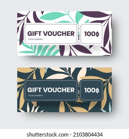 Vector gift voucher isolated on white, black background with tropical modern leaves. Certificate with illustration, exotic twigs in purple, green, nude, blue colors. Shop set