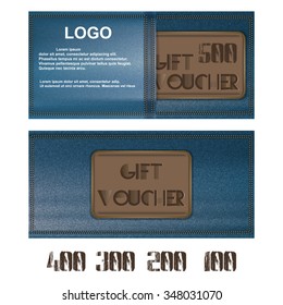 Vector Gift voucher for jeans background pocket. Further presented figures 500, 400, 300, 200 and 100.