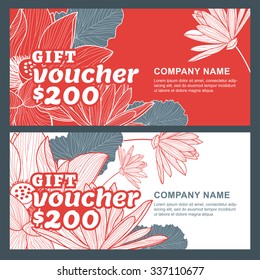 Vector gift voucher with lotus, lily flowers. Business floral card template. Abstract red and white background. Concept for boutique, beauty salon, spa, flyer, banner design.