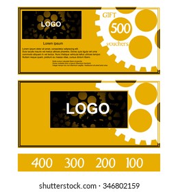 Vector gift voucher mechanism gear blank place for logo with additional numbers 500, 400, 300, 200 and 100.