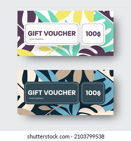 Vector gift voucher with monstera, tropical leaves on white, black background with place for brand. Certificate with illustration in blue, nude, green, yellow colors, greeting card. Set, EPC10