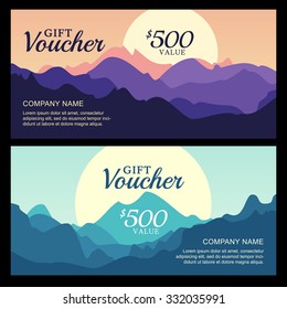 Vector gift voucher with mountain landscape view. Business card template. Nature background. Abstract design concept for flyer, banner, travel, tourism or ecology theme.