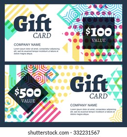 Vector gift voucher with multicolor geometric pattern. Business card template. Abstract creative background. Concept for boutique, fashion shop, accessorize, jewelry, flyer, banner design.