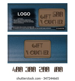Vector gift voucher on jeans background. Further presented figures 500, 400, 300, 200 and 100.