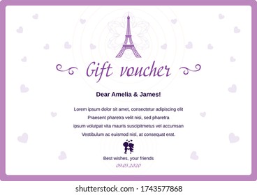 Vector Gift Voucher Paris Love. Greeting card, invitation, banner