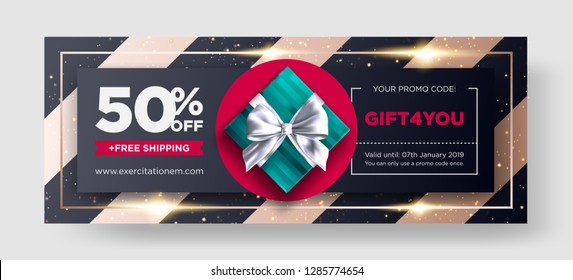 Vector Gift Voucher. Restaurant Discount Coupon Design With Promo Code. Certificate Template For Online Shopping. Marketing Flyer, Poster, Social Media Graphic. Promo Card Elegant Template.