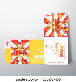 Vector gift voucher for Spring Sale with red and yellow flower.