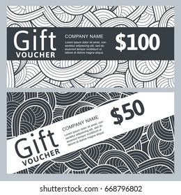 Vector gift voucher template with abstract hand drawn waves. Black and white doodle holiday cards. Design concept for gift coupon, invitation, certificate, flyer, banner, ticket.