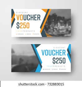 Vector gift voucher template with abstract colored lines and place for photo. Universal modern design flyer for advertising and business.