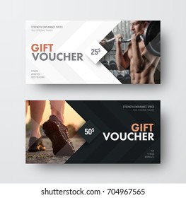 Vector gift voucher template with an arrow, a diamond and a place for the image. Universal white and black flyer template for advertising a gym or business. Blurred photo for an example.
