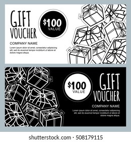 Vector gift voucher template with gift box patches and stickers. Christmas or New Year holidays cards. Design concept for gift coupon, certificate, flyer, banner, black friday sale.