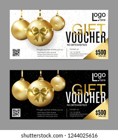 Vector gift voucher template with christmas balls. Golden, black and white holiday cards. Design concept for gift coupon, invitation, certificate, flyer, banner, ticket.