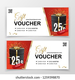 Vector gift voucher template for department stores, business. Clean vector design, black gold design elements. on white red background. 25 dollars.