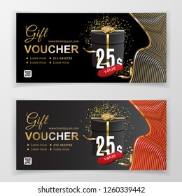 Vector gift voucher template for department stores, business. Clean vector design, gold red design elements. on black background. 25 dollars.
