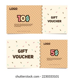 Vector gift voucher template. Voucher for dessert or ice cream with sprinkles. Flyer for sweet stock in pink and brown colors.