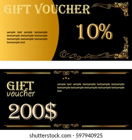 Vector gift voucher template with floral decorative frame. Golden, black holiday cards. Design concept for gift coupon, invitation, certificate, fly er, banner, ticket.