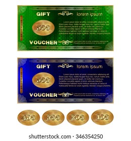 Vector gift voucher template with gold ornaments in two colors, blue and green, template Digits 500, 400, 300, 200 and 100.