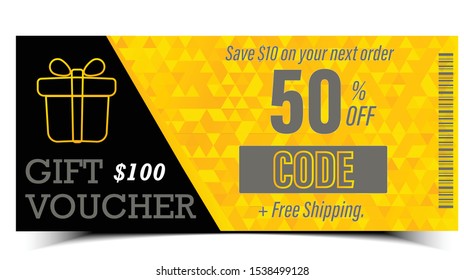 Vector Gift Voucher Template With Golden Gift Box. Black And White $100 Holiday Card. Design Concept Of 50% Gift Coupon, Invitation, Certificate,flyer,banner Ticket.