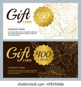 Vector gift voucher template with golden outline fall leaves. Gold, black and white autumn holidays cards. Design concept for gift coupon, invitation, certificate, flyer, banner.