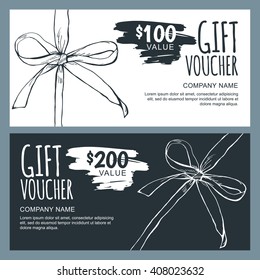 Vector gift voucher template with hand drawn outline bow ribbons. Black and white doodle holiday cards. Design concept for gift coupon, invitation, certificate, flyer, banner, ticket.