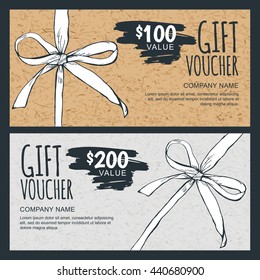 Vector gift voucher template with hand drawn bow ribbon and craft paper texture. Vintage cardboard holiday cards. Design concept for gift coupon, invitation, certificate, flyer, banner, ticket.