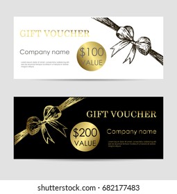 Vector Gift Voucher Template With Hand Drawn Bow Ribbons. Golden, Black And White Doodle Holiday Cards. Design Concept For Gift Coupon, Invitation, Certificate, Flyer, Banner, Ticket. Stock Vector