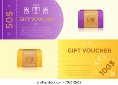 Vector Gift Voucher Template For Handmade Soap Store. Present Card For Natural Organic Handmade Cosmetics With Soap Bar And Gift Boxes.