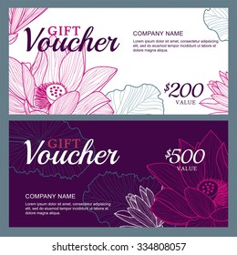 Vector gift voucher template with lotus, lily flowers. Business floral card template. Abstract background. Concept for boutique, jewelry, floral shop, beauty salon, spa, fashion, flyer, banner design.